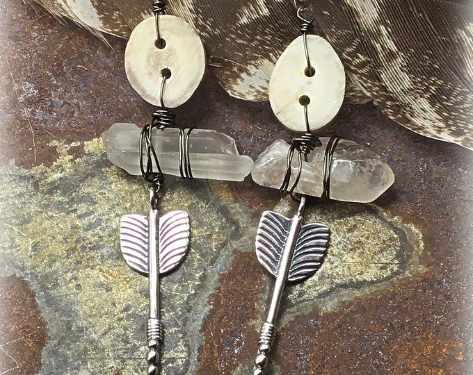 Arrow and antler button earrings with raw Crystal quartz long and rusticly