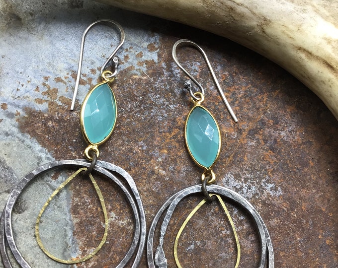 Very rustic double hammered sterling oxidized hoops with bronze and chalcedony blue, urban chic, classically organic in nature