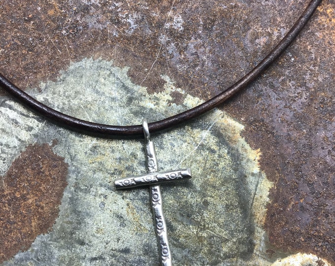 Sweet rugged cross sterling stamped pendant with Greek leather cord and handcrafted artisan crossed arrow bronze button, minimalist style