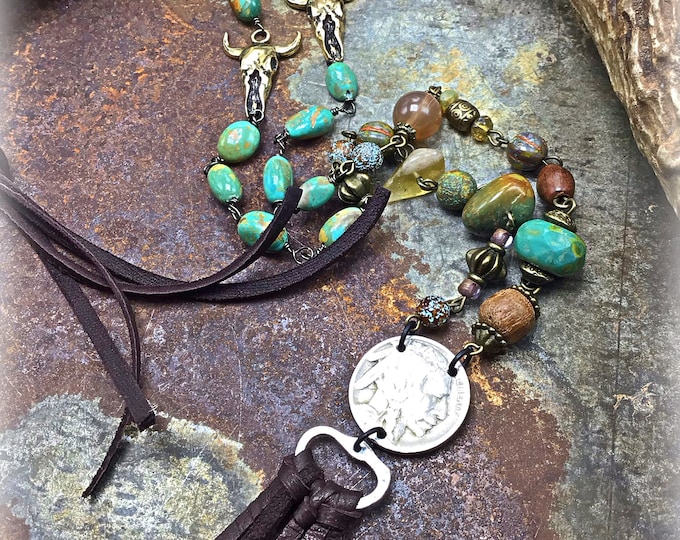 Beautiful rich tones of turquoise browns and golds in this western style long fringed necklace by Weathered Soul, cowgirl style