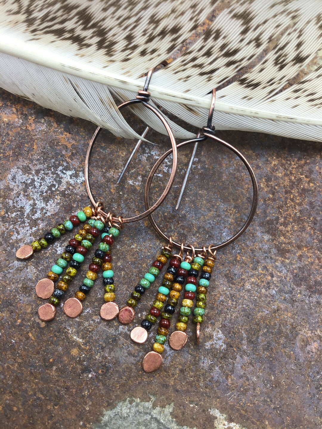 Sweet Little Threader Beaded Oxidized Copper Hoops by Weathered Soul - Etsy