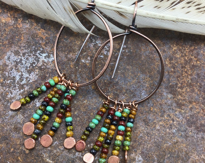 Sweet little threader beaded oxidized copper hoops by Weathered Soul