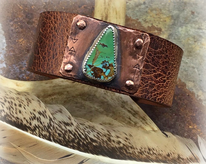 Dainty narrow leather pilot mountain turquoise cuff bracelet with snap closure on distressed leather