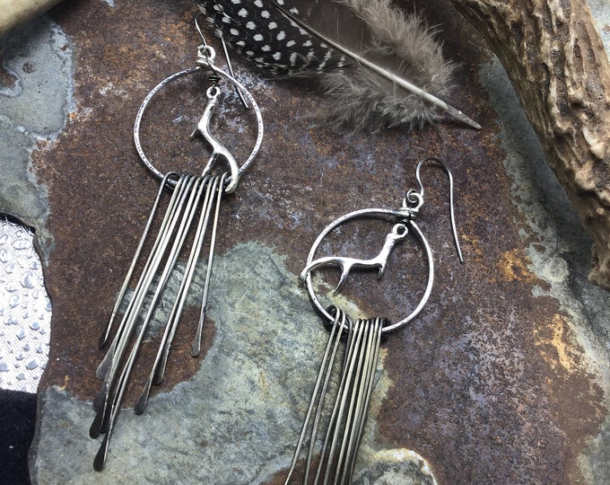 Stunning long sterling statement hoop fringed earrings with a center antler horn, sterling ear wires, long and beautiful