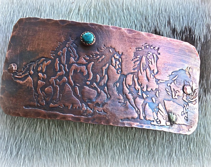 Beautiful running horses on oxidized copper barrette with a tiny touch of Kingman turquoise, durable clip back from France by Weathered Soul