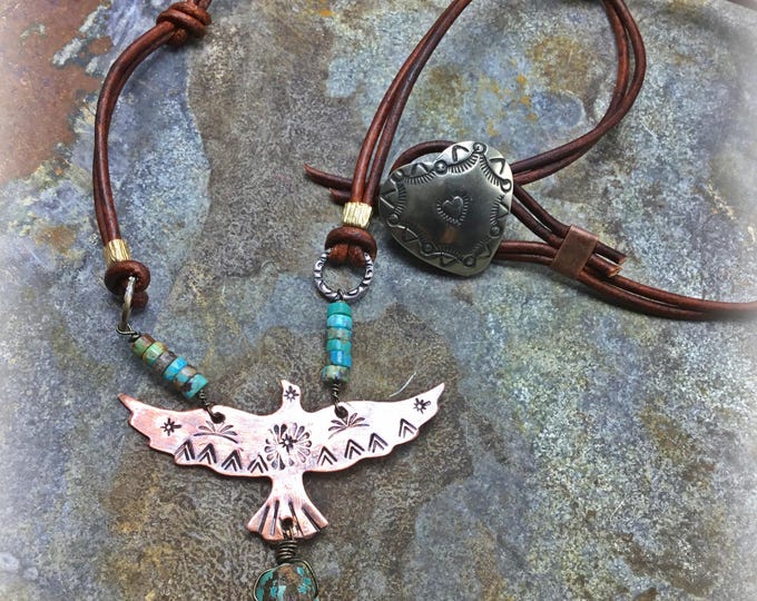 Raven necklace with raw turquoise drop and leather cord by Weathered Soul jewelry, nature inspired, bird lover,rustic jewelry,artisan