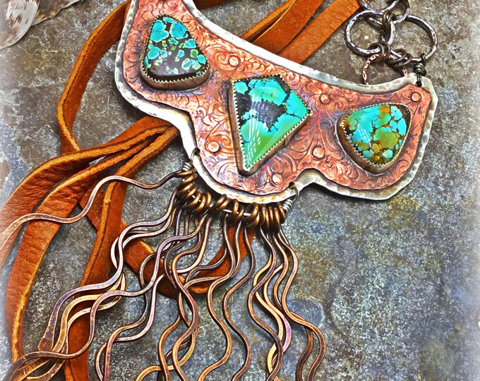 MADE to ORDER Huge three turquoise stone bib style necklace with copper hammered metal fringe. ALL turquoise varies,by Weathered Soul