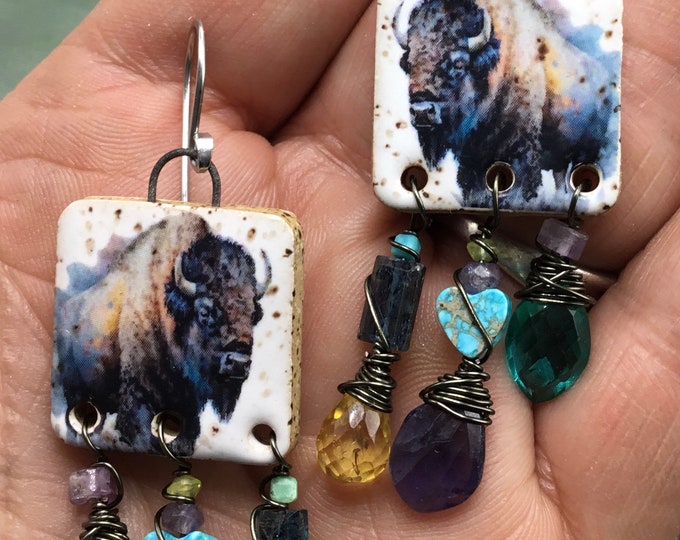 Stunning watercolor art Buffalo pottery earrings with tons of gemstones dangling below by Weathered Soul Jewelry