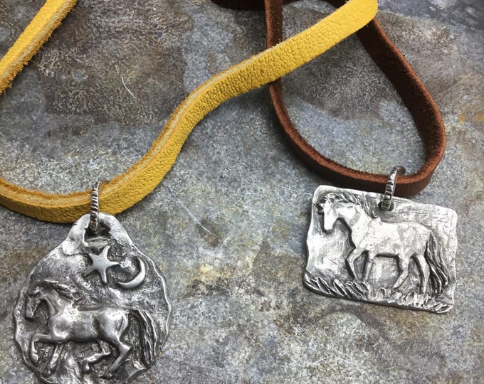 Pick your pony on simple beautiful sterling artisan jump ring and chocolate or palomino Elk leather simple horse lover design, cowgirl