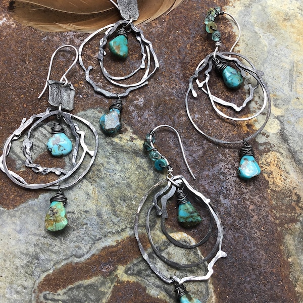 Crazy fun nest hoops with turquoise by Weathered Soul jewelry, artisan hoops, rustic hoops,rustic Cowgirl, cowgirl fashion, unique design