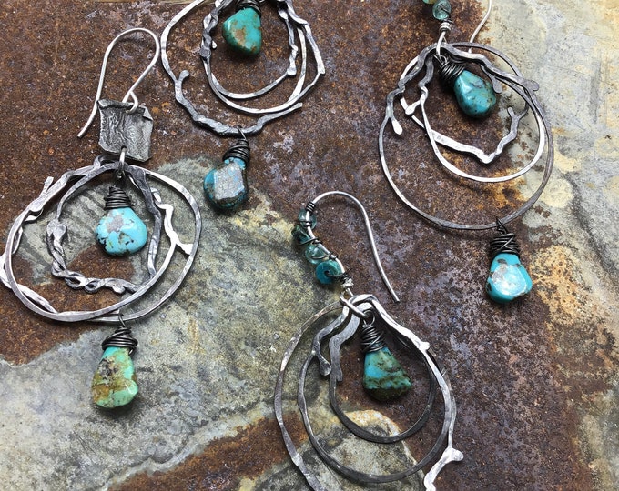 Crazy fun nest hoops with turquoise by Weathered Soul jewelry, artisan hoops, rustic hoops,rustic Cowgirl, cowgirl fashion, unique design