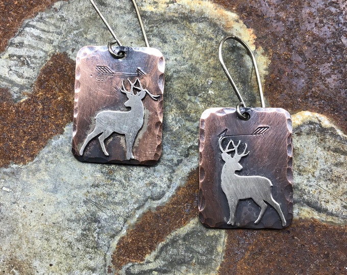 Silent Buck earrings by Weathered Soul jewelry, rustic copper and sterling earrings,arrows embossed.sterling ear wires, USA crafted