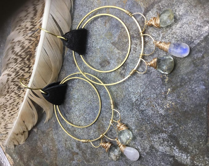 Large Boho bronze hoops with black leather and moonstone, citrine faceted teardrop wire wrapped dangles, urban chic, cowgirl style