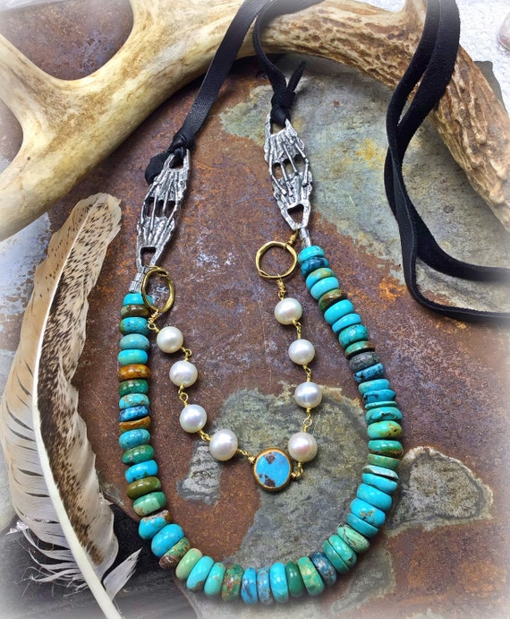 Beautiful Colorado turquoise rondells necklace with pearls and leather, long easy over the head layering style, cowgirl fashion