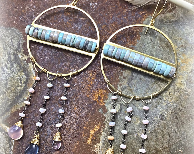 Beach babe hoops with fun wire wrapped fringe dangles of amethyst chalcedony and amazonite, beautiful and soft