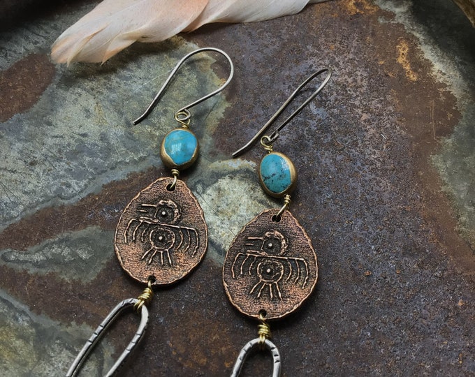 Dainty sweet little thunderbird long ear wire drop sterling earrings by Weathered Soul, western fashion, cowgirl chic, turquoise, artisan