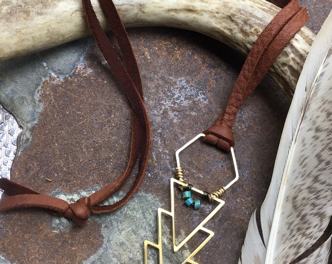 Hexagon chevron and itty bitty turquoise encompass this sweet yet very statement necklace with chestnut elk leather necklace ,cowgirl