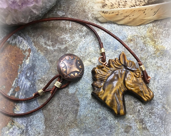 Beautiful large tiger eye carved horse head pendant necklace by Weathered Soul with leather and vintage copper button closure,horse lover