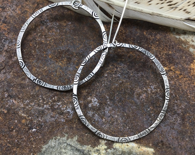 Hoops of Whimsy, sterling hoops with fun embossed little spiraling  circles , rustic minimalist style with long ear wires