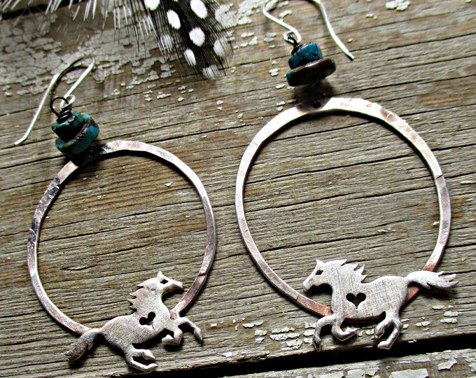 Made to order Running Free sterling horse hoops by Weathered Soul Jewelry, artisan, cowgirl, horse lover, rustic, turquoise,USA crafted