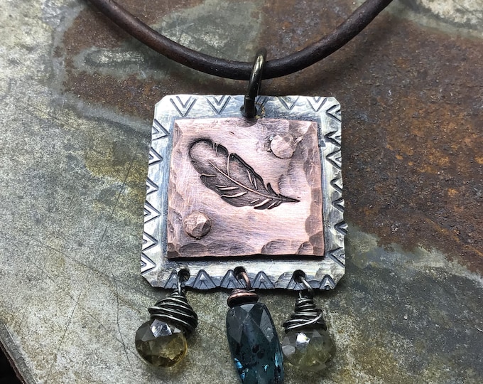 Drifting feather necklace with topaz and kyanite wire wrapped dangles,beautiful leather cord necklace by Weathered Soul