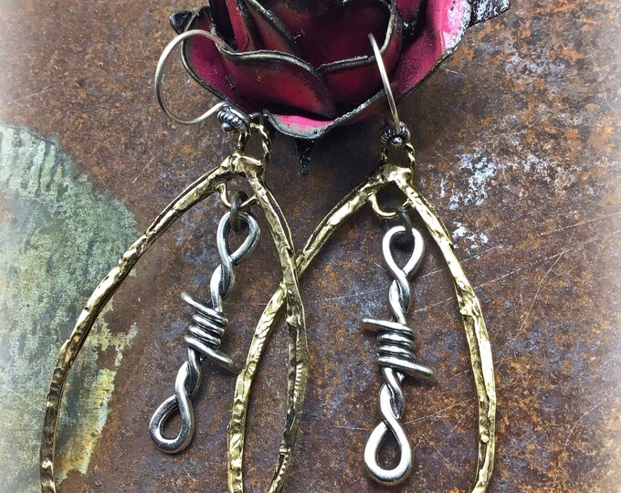 Barbed wire large bronze hoop earrings by Weathered Soul looking a little outlaw country, statement cowgirl earrings