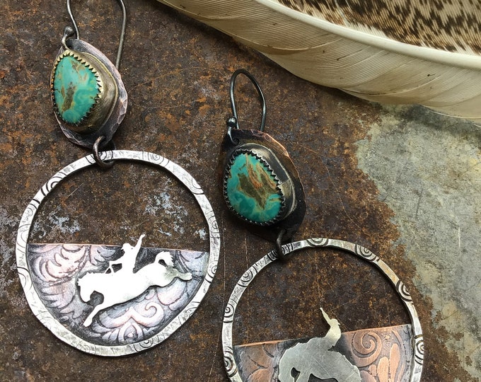 MADE to ORDER Rough and Rowdy Fall Collection earrings by Weathered Soul artisan crafted bronc hoops with Tyrone turquoise