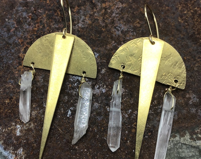 Perfect balance raw quartz and bronze earrings by weathered soul jewelry, artisan urban vibe, rock concert kinda fun , move to the groove