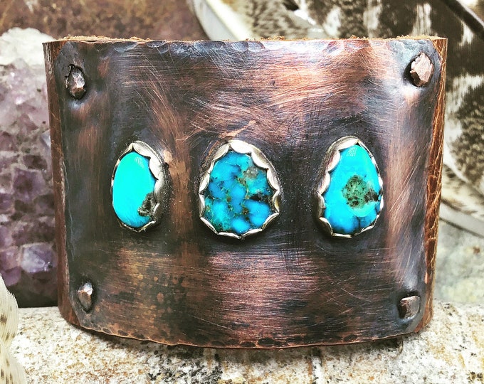 Made To Order  Three's a crowd leather, turquoise, and copper distressed wide cuff, 2 heavy bronze snaps, artisan cuff, cowgirl, USA ,order