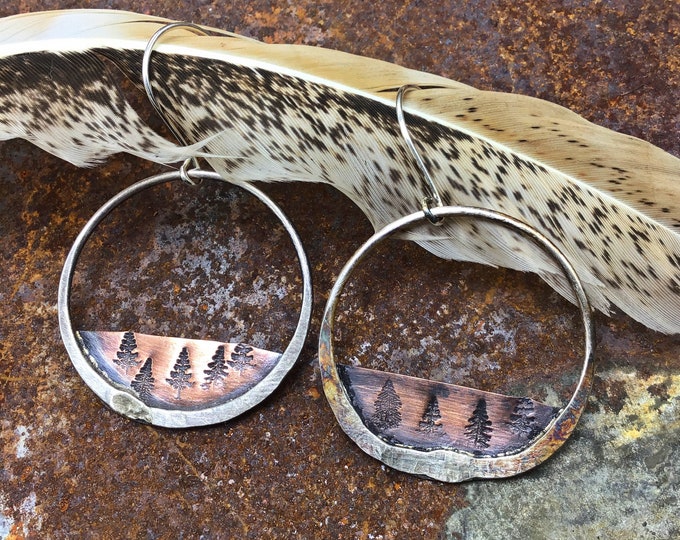 Forest grove hoop earrings by Weathered Soul jewelry, artisan,rustic, trees embossed on copper, nature lover, outdoors, artisan hoops,USA