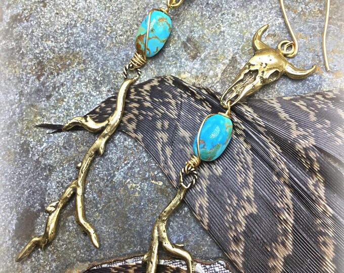 Long rugged bronze steer skull earrings by Weathered Soul jewelry with a touch of turquoise, rustic style shoulder dusters, bronze ear wires