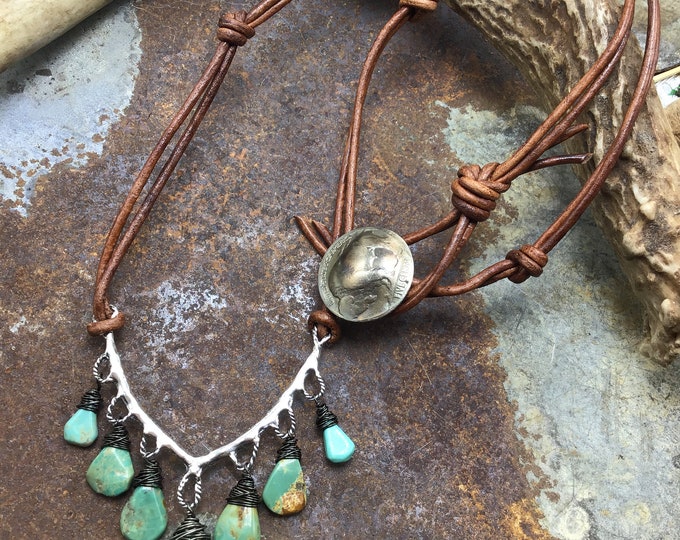 Sweet drops of turquoise dangle from sterling and leather with a vintage buffalo nickel button closure by Weathered Soul