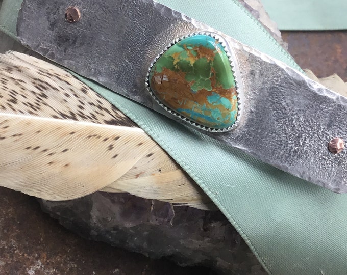 Beautiful Royston turquoise sterling and copper barrette by Weathered Soul jewelry,reticulated  rustic sterling silver,stunningly western