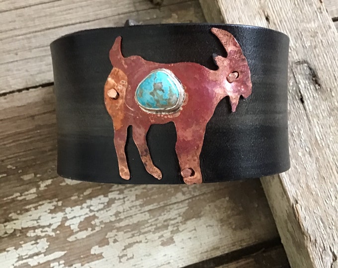 Goat cuff,artisan on leather with turquoise stone distressed,billy goat,goat lover,mountain goat, Weathered Sou