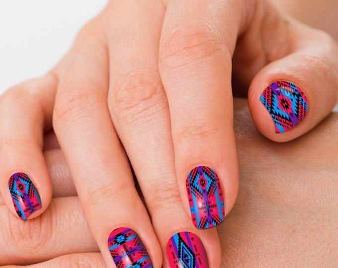 Fun wild bright pink multi colored western Aztec patterned nail wraps