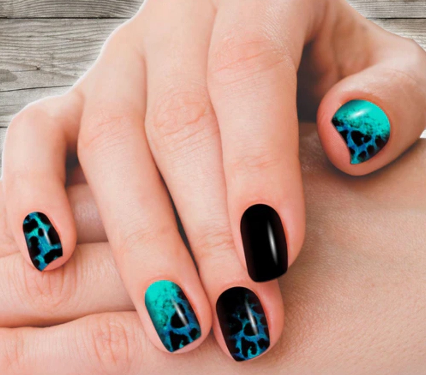 Blue Turquoise nail art. Beautiful woman hands and stylish turquoise  manicure. On black background. Stock Photo | Adobe Stock