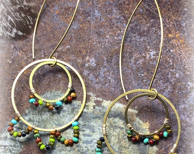 Sweet dainty seed beaded colorful double bronze hoops with long wires, very light and classy