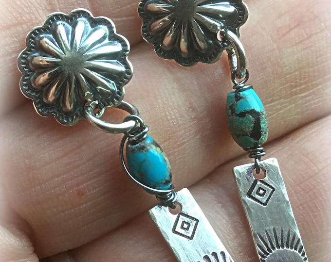 Sweet little dainty western sunrise post earrings by Weathered Soul with a touch of turquoise, cowgirl, western style,artisan,minimalist