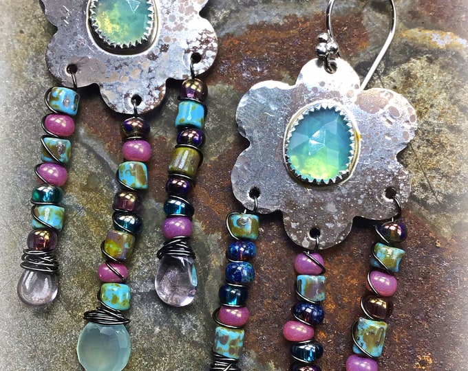 Peruvian Opal fringed flower silver earrings by Weathered Soul, amethyst  quartz and chalcedony