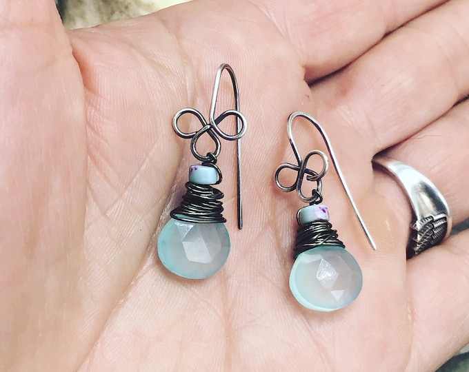 Sweet dainty blue chalcedony, imperial jasper, and fun swirling threader silver ear wires