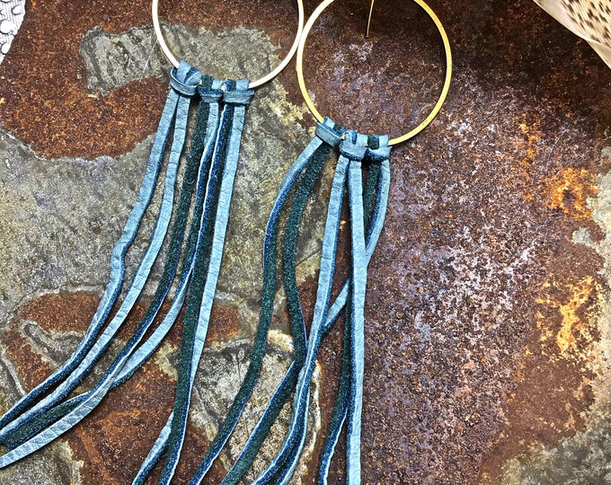 Soft peacock blue beautiful thin elk hide leather works perfect with bronze hoops, simplistic style, weathered soul jewelry