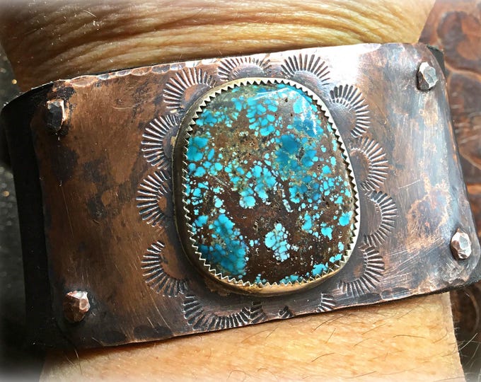 Beautiful matrix turquoise cuff bracelet on black leather & copper rustic style, flower concho snap closure by Weathered Soul western style
