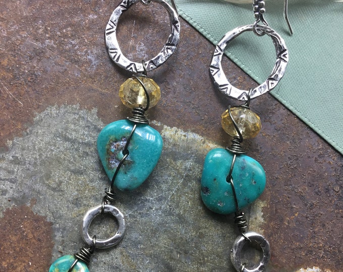 These long rustic hoops are fabulous with genuine turquoise and citrine wire wrapped into longer styled rustic sterling hammered hoops