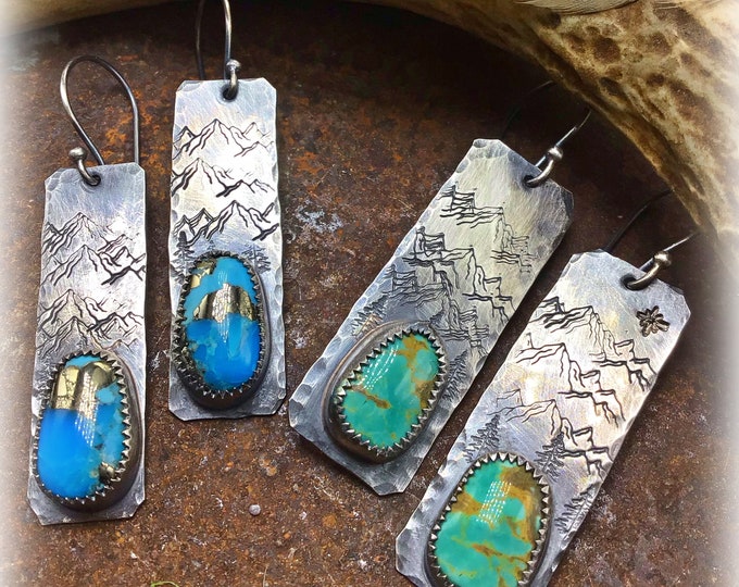 The mountains are calling earrings by Weathered Soul, sterling and copper veined oyster turquoise