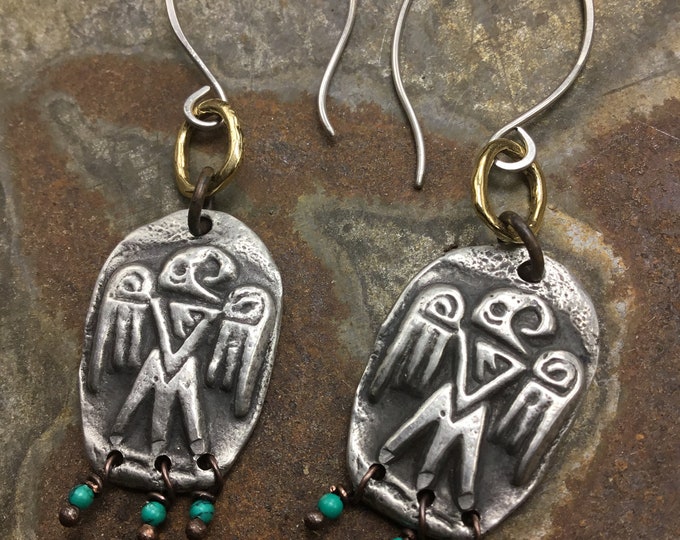 Thunderbird drop earrings with Sterling copper and bronze with drops of magnesite tiny stones, jewelers pewter  bird s
