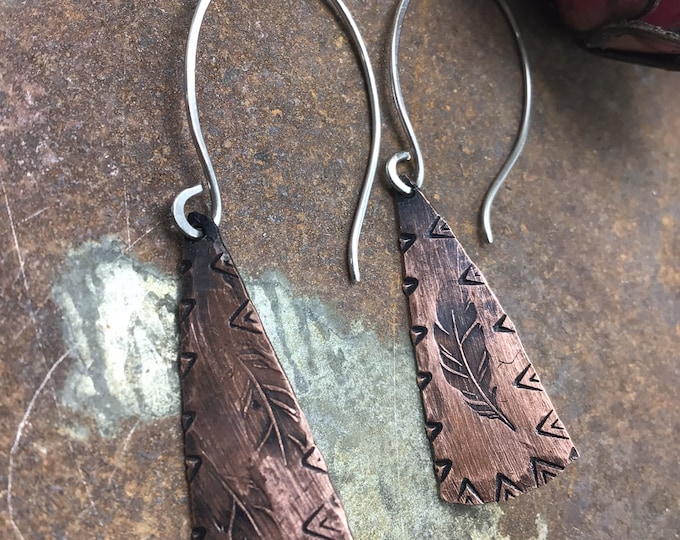 Light as a feather sweet copper and sterling drop earrings by Weathered Soul