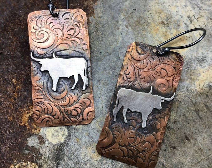 Longhorn love earrings by Weathered Soul western style,cowgirl style,artisan jewelry, longhorn, bull, steer,