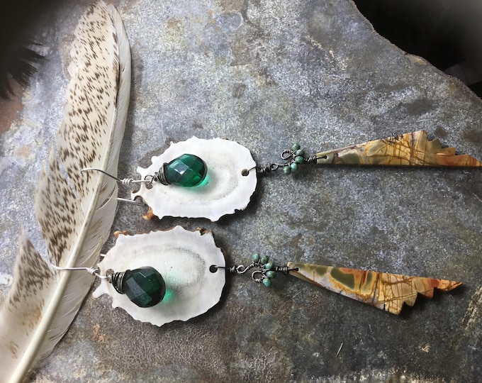 Fun and funky large antler horn with picture jasper and emerald wire wrapped on sterling silver ear wires, with the right outfit, Wowza