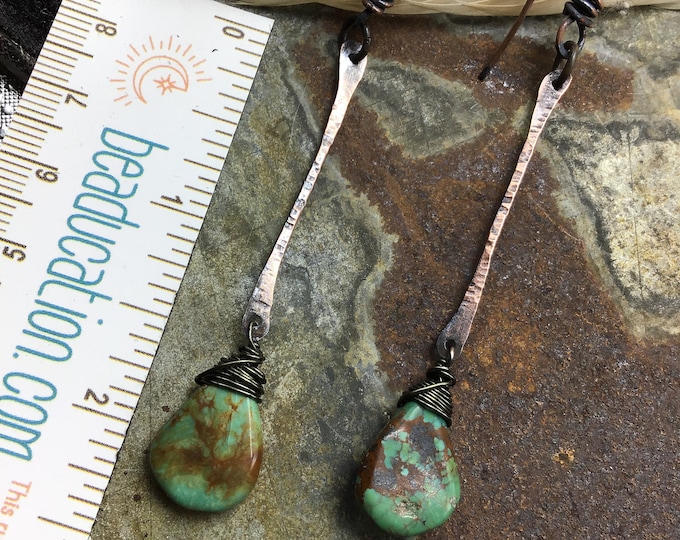 Long rustic oxidized hammered drop earrings with genuine turquoise, cowgirl style,western fashion