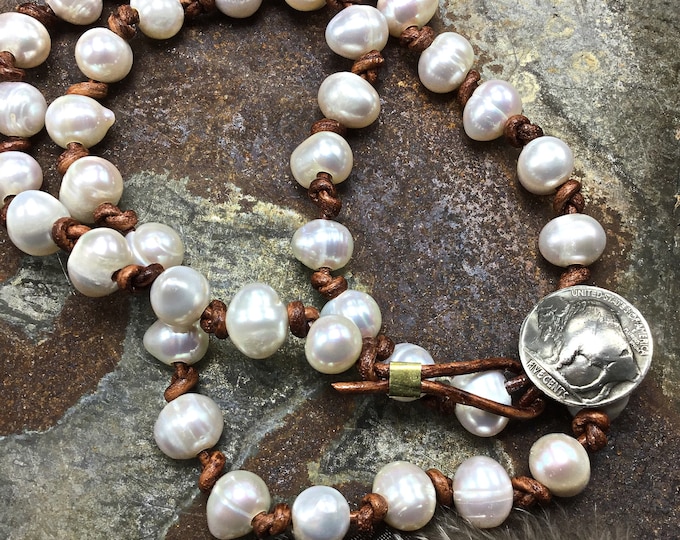 Sweet and simple pearls and leather necklace with custom made vintage buffalo nickel button closure classic  simplicity at its finest